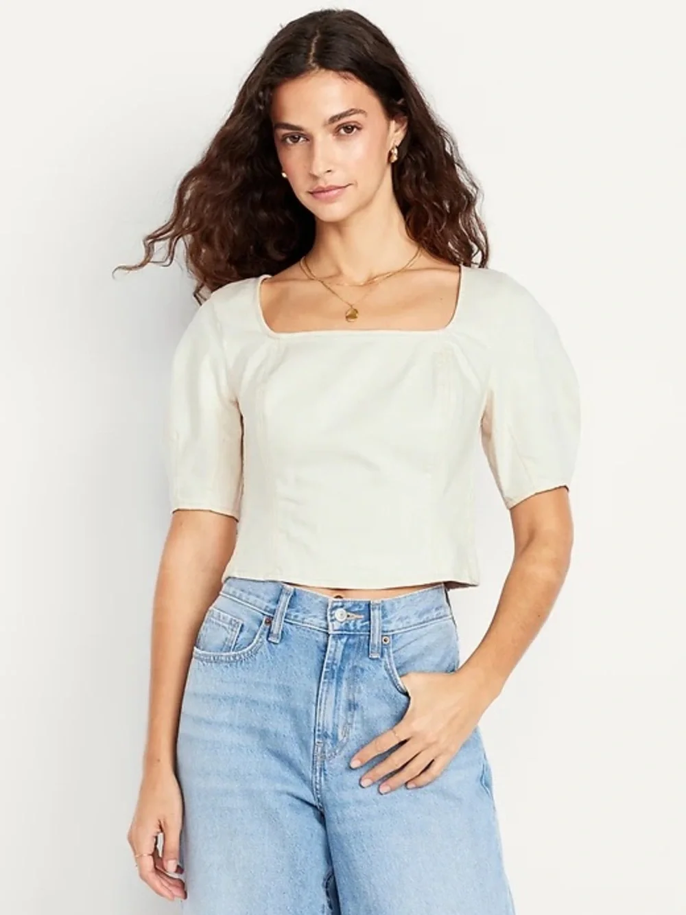 Women's Cream Square-Neck Puff Sleeve denim Top